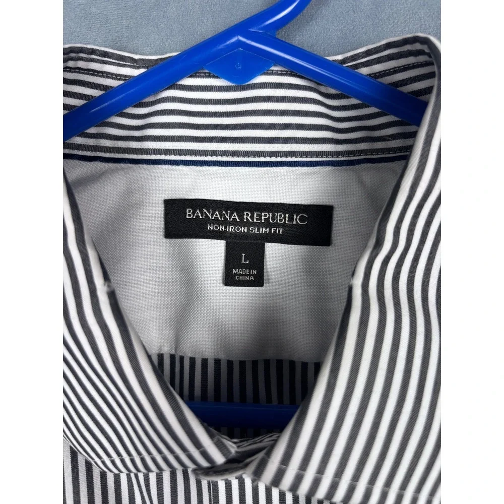 Banana Republic Mens Non-Iron Slim Fit Bengal Stripe Shirt Black White L 932909